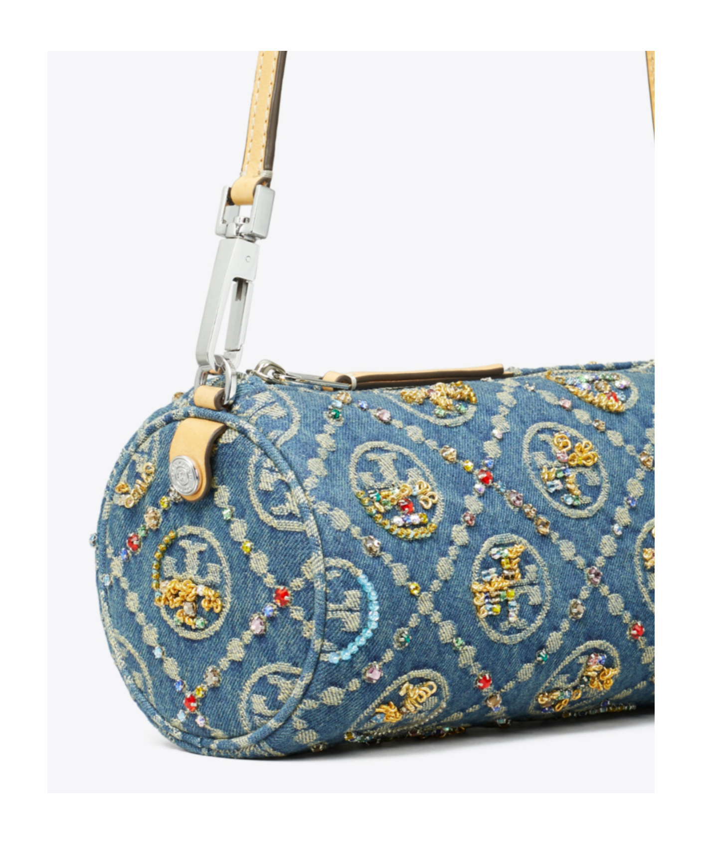 Tory Burch T Monogram Denim Cylindrical Bag