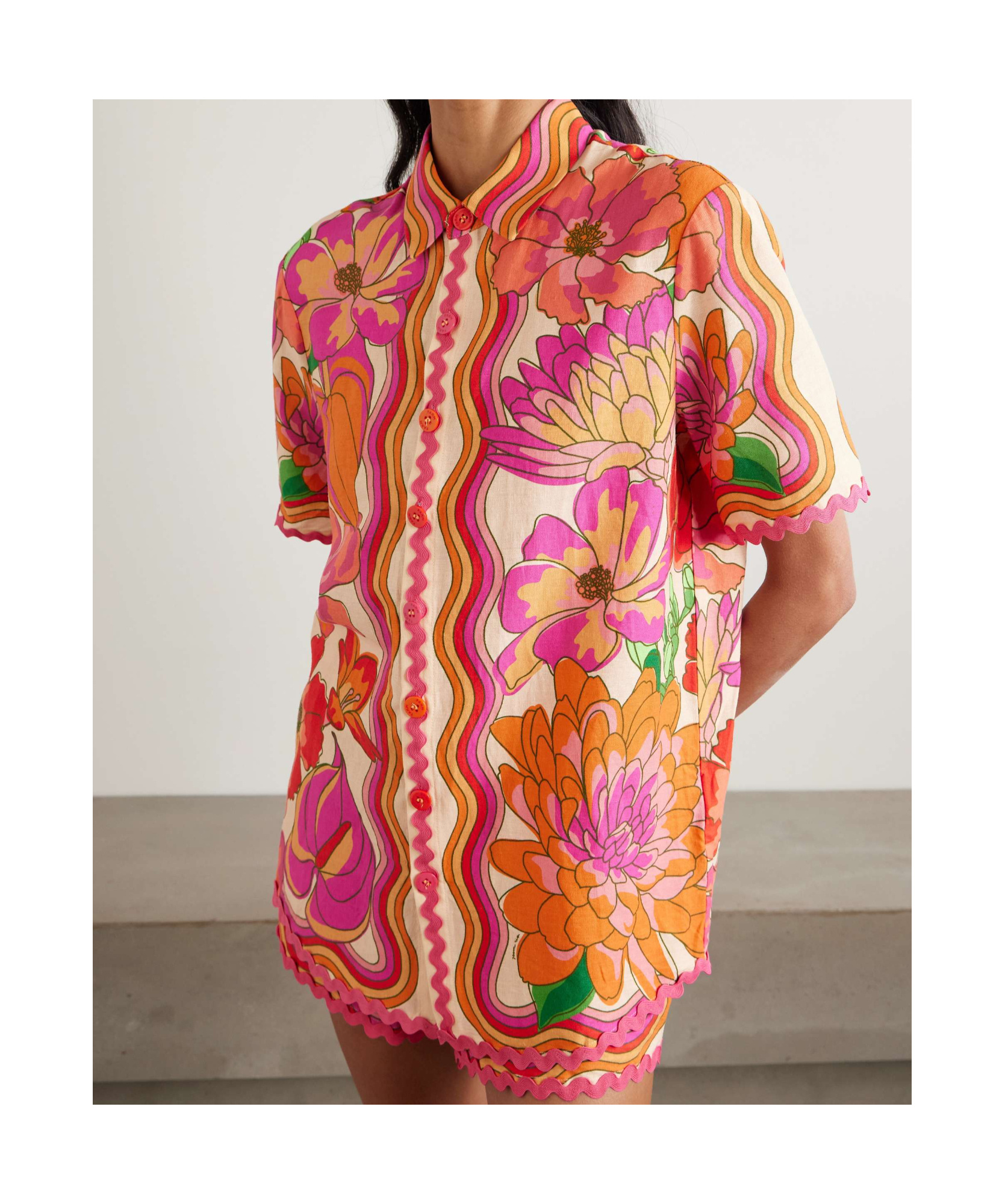 Farm Rio Spring Affair Linen Short-sleeve Buttondown Shirt
