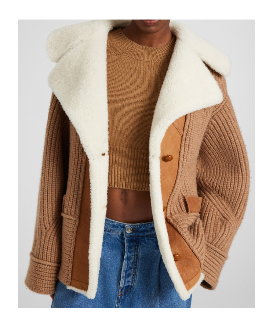 Ermanno Scervino Oversized Cardigan In Merino Wool Blend With Suede Inserts And Shearling Collar In Brown