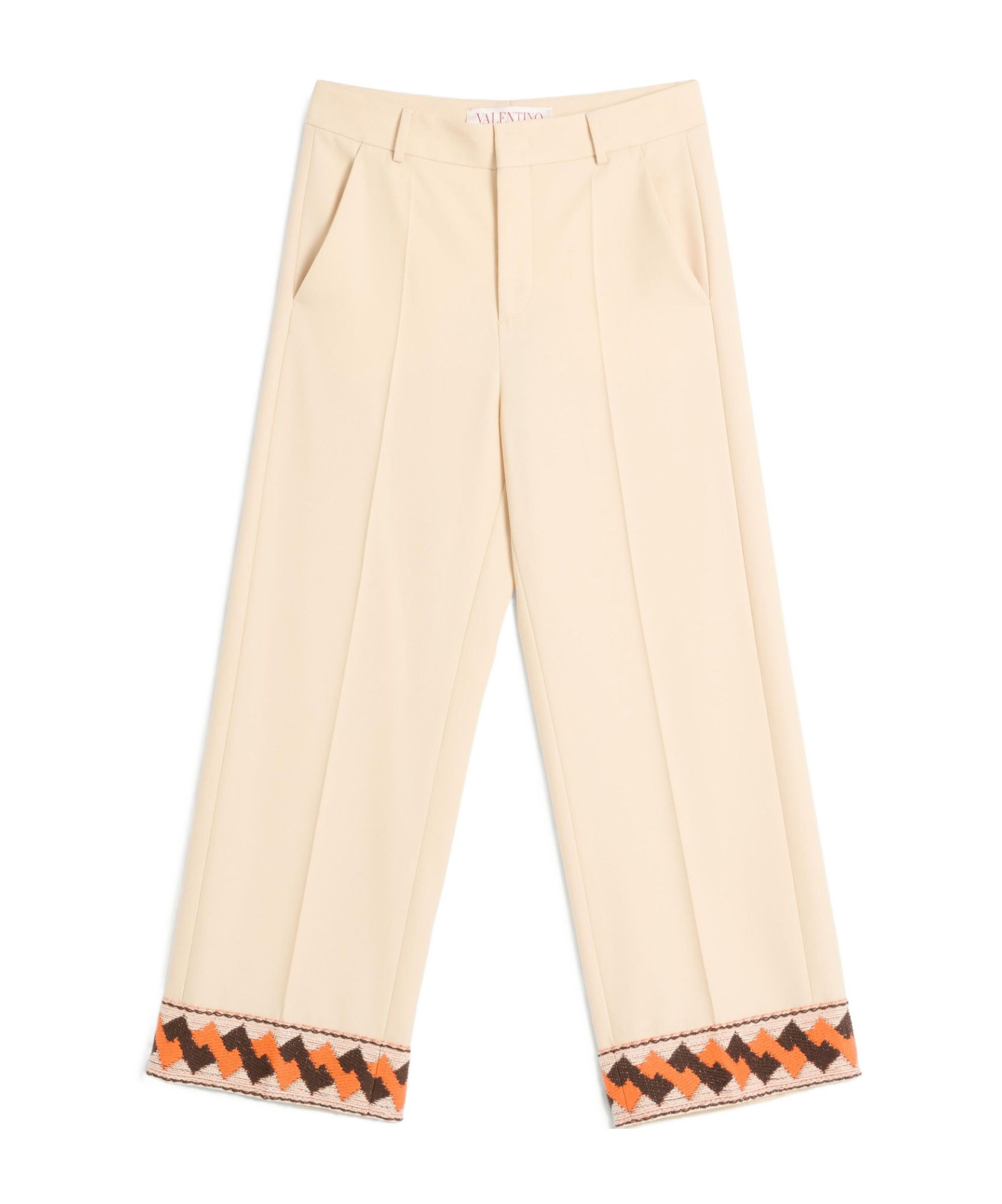Valentino Wool Trousers With Embroidered Hem And Wide Leg In Nude