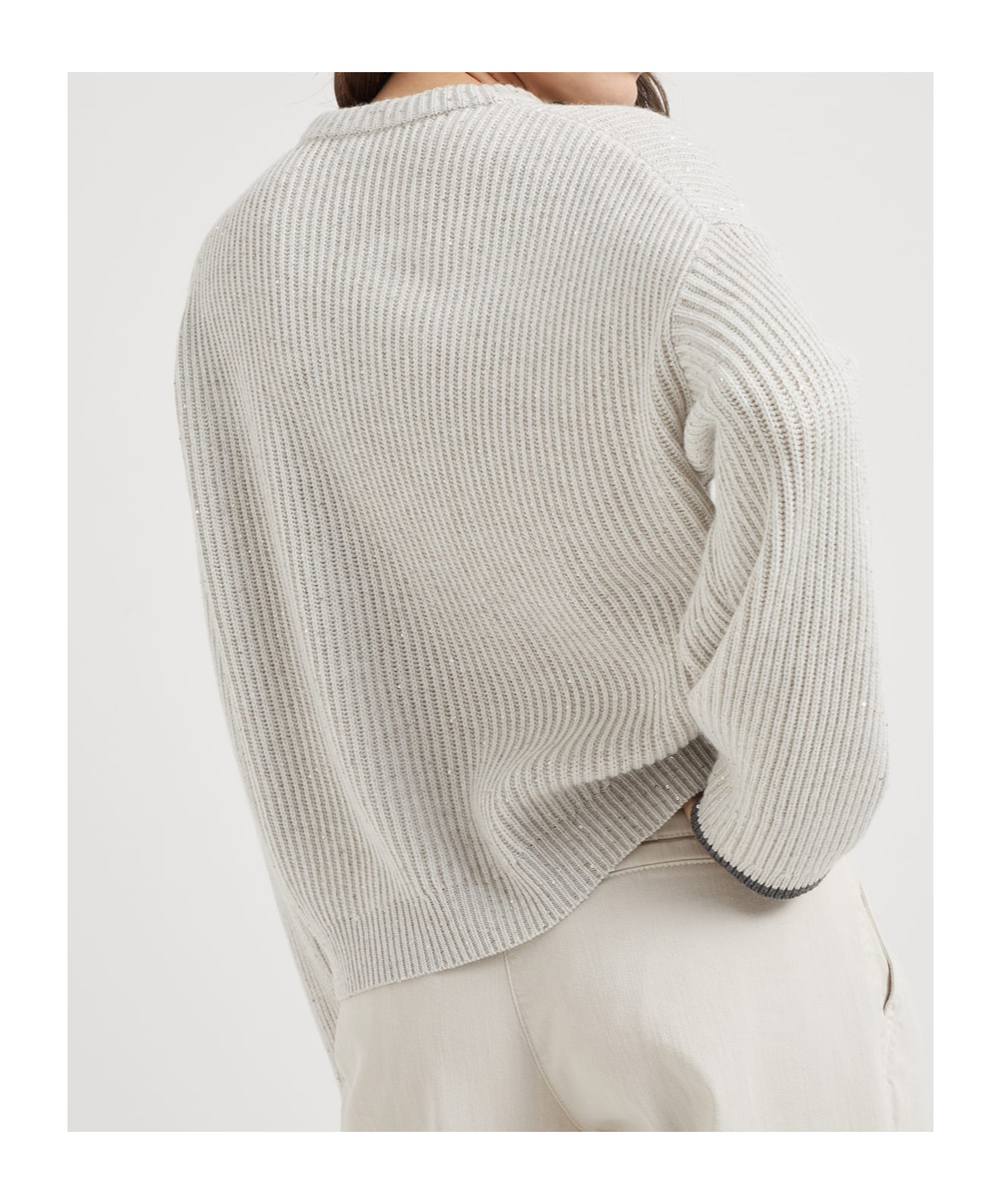 Brunello Cucinelli Shining British Ribbed Cashmere Silk Sweater In White
