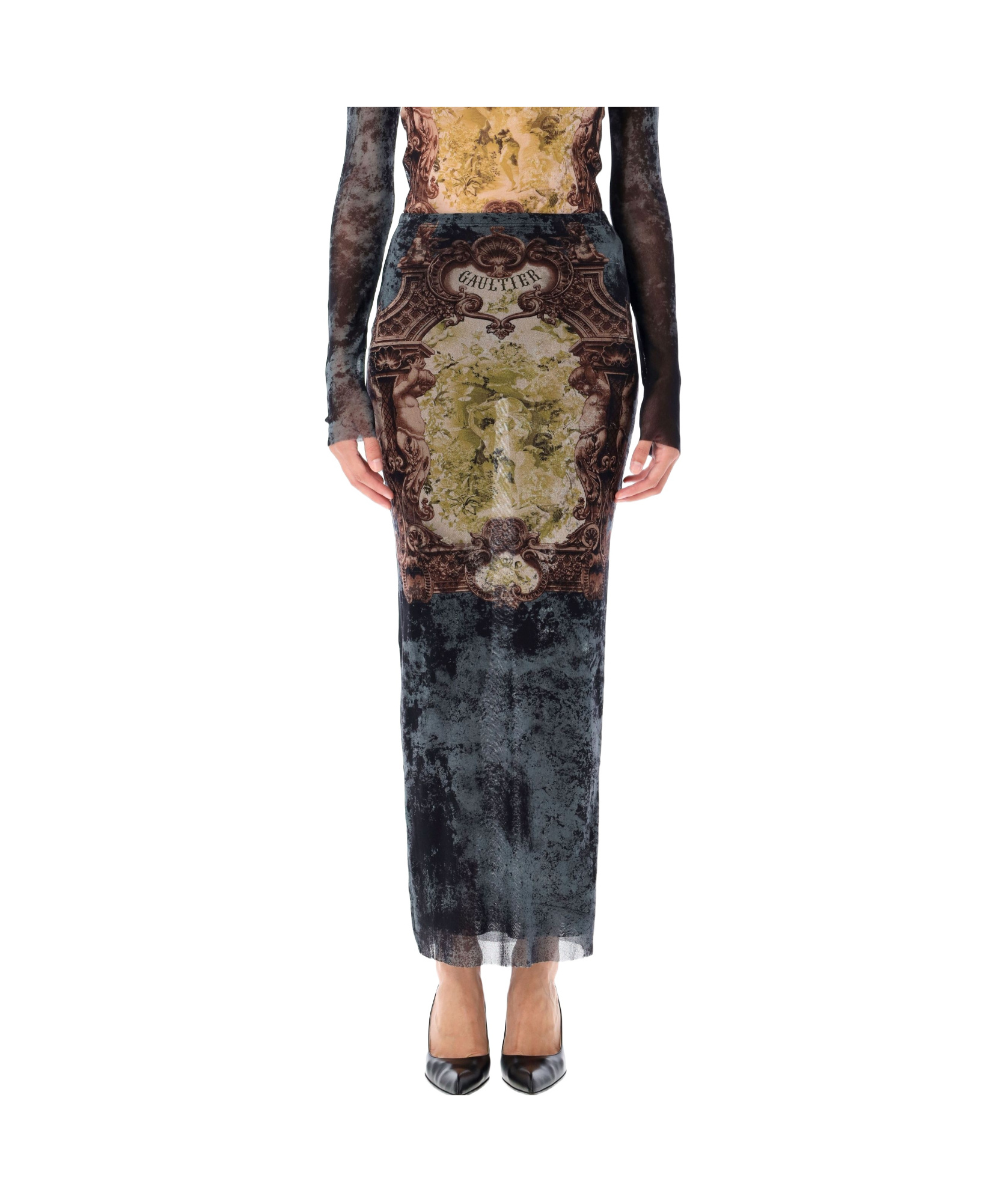Jean Paul Gaultier Graphic Print Fitted Tulle Skirt In Gray