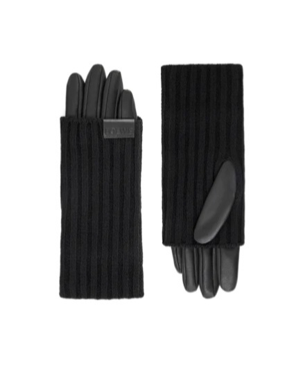 Loewe Leather-trimmed Ribbed Cashmere Gloves In Black