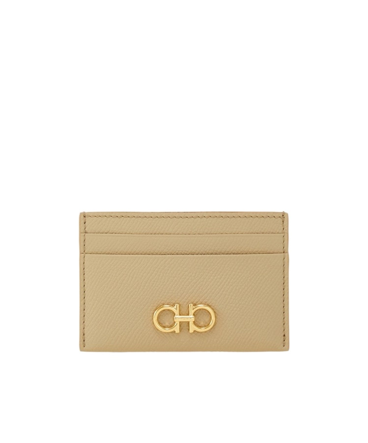 Ferragamo Gancini Leather Cardholder In Beige