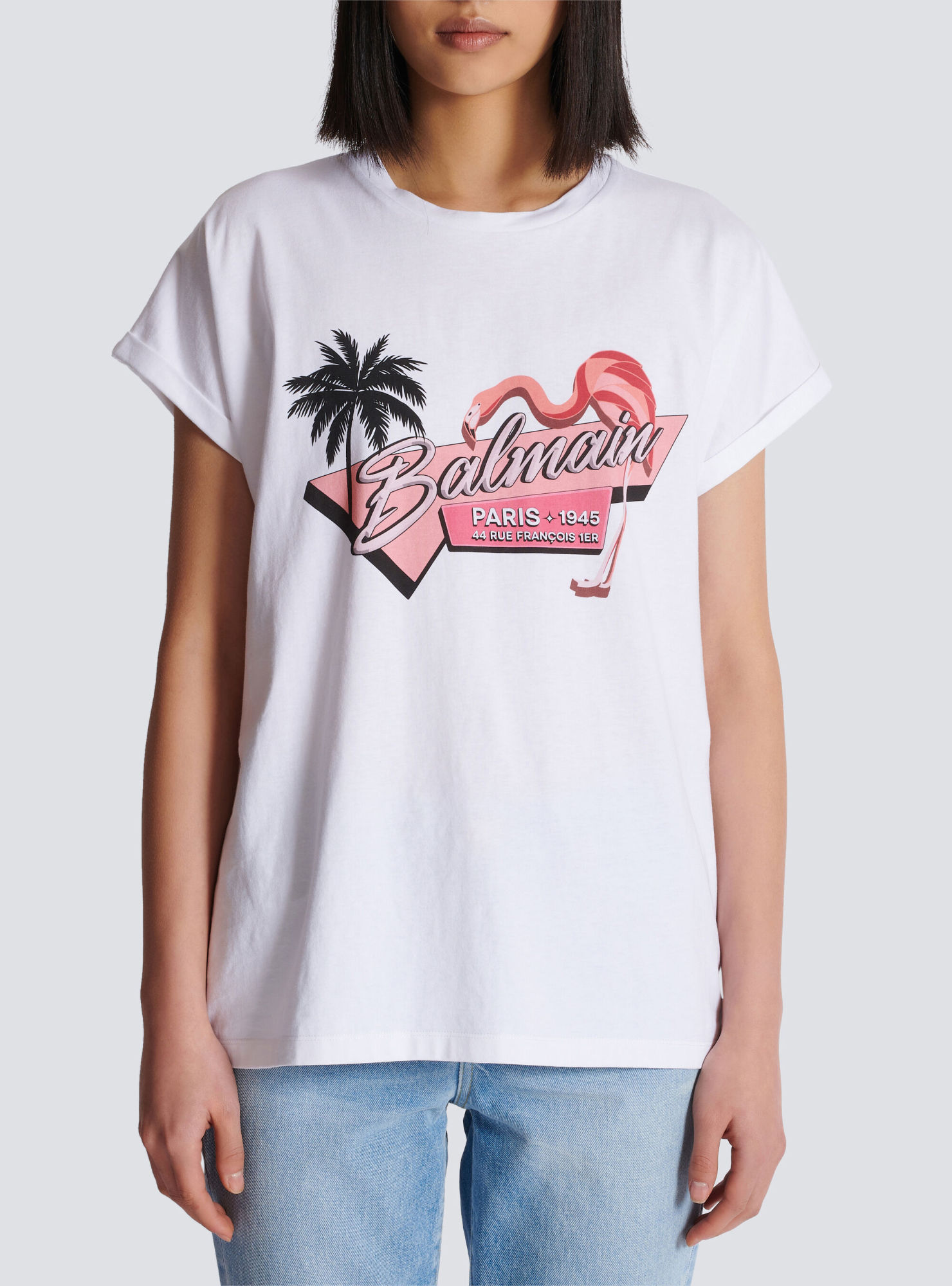 Balmain Rosa Flamingo Cotton Jersey T-shirt In White