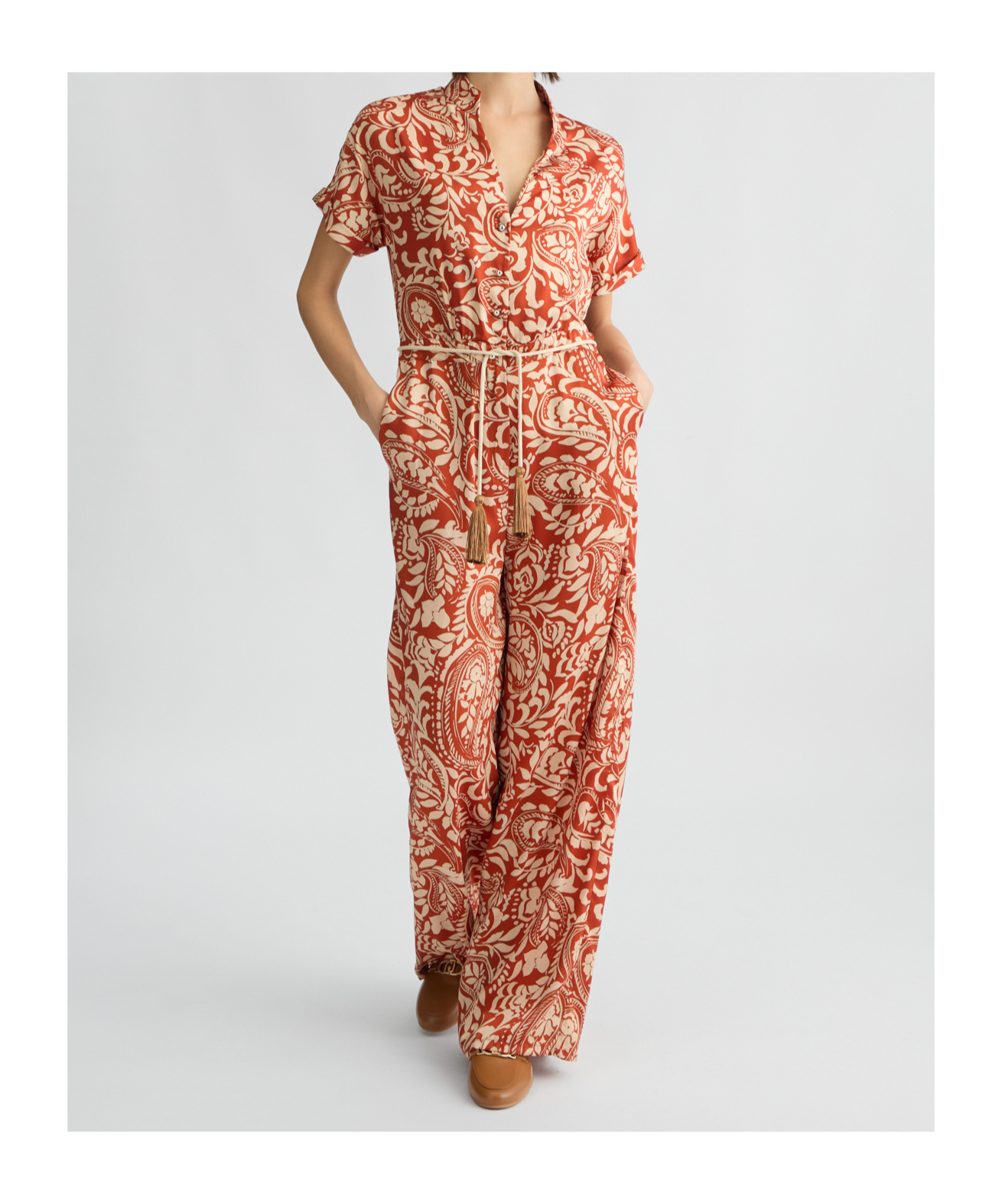 Liu •jo Printed Twill Jumpsuit In Terracotta