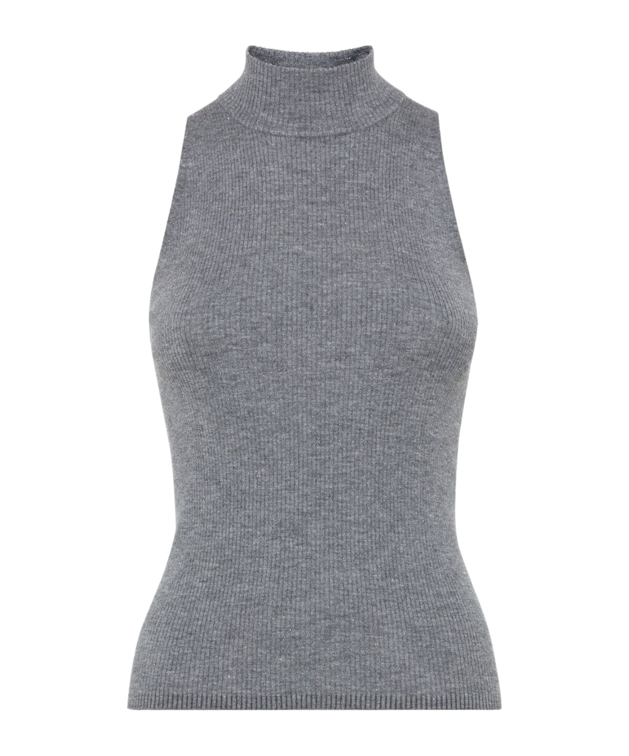 Brunello Cucinelli Sleeveless High Neckline Ribbed Top In Gray