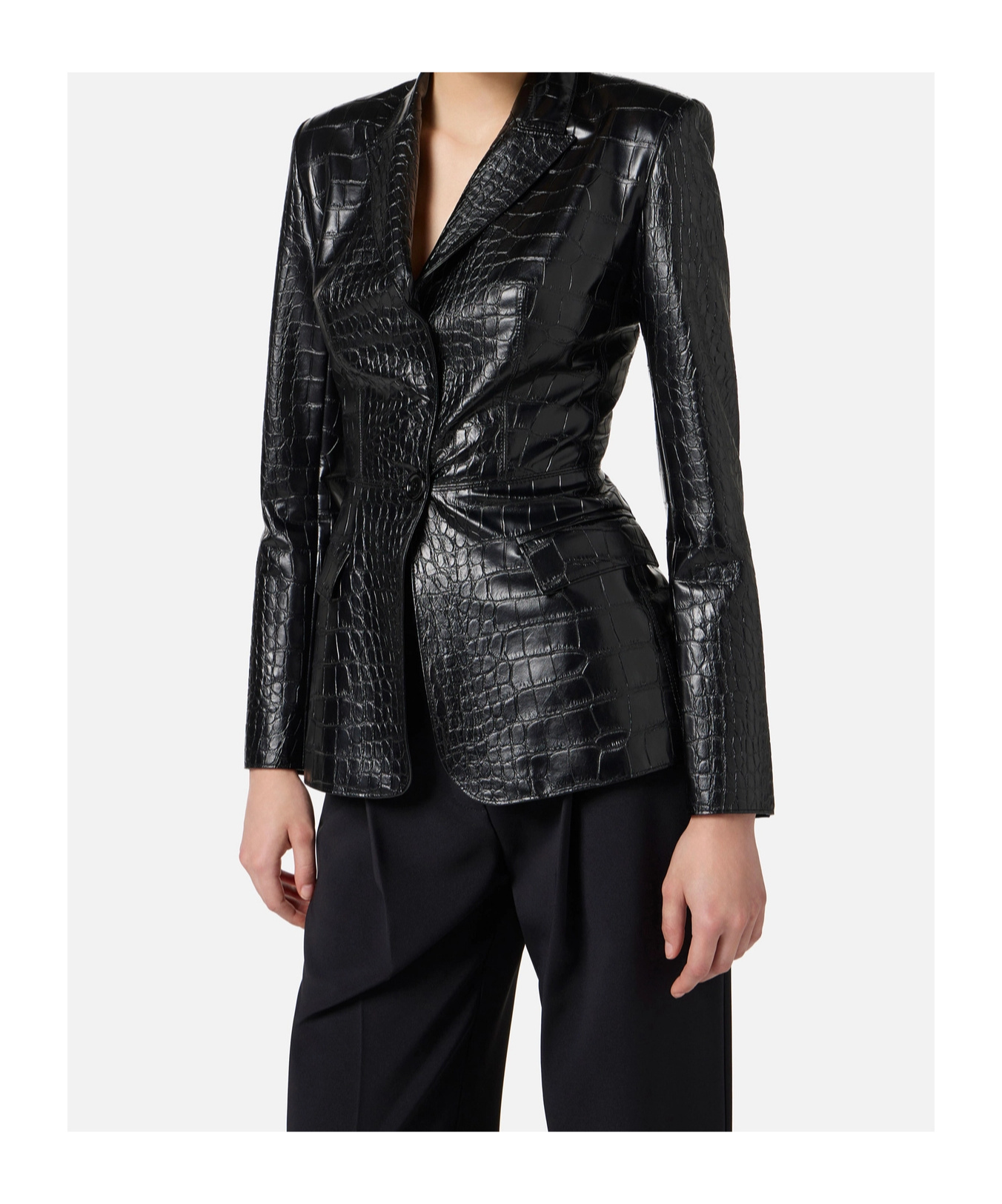 Elisabetta Franchi Crocodile Effect Blazer Flap Pockets In Black