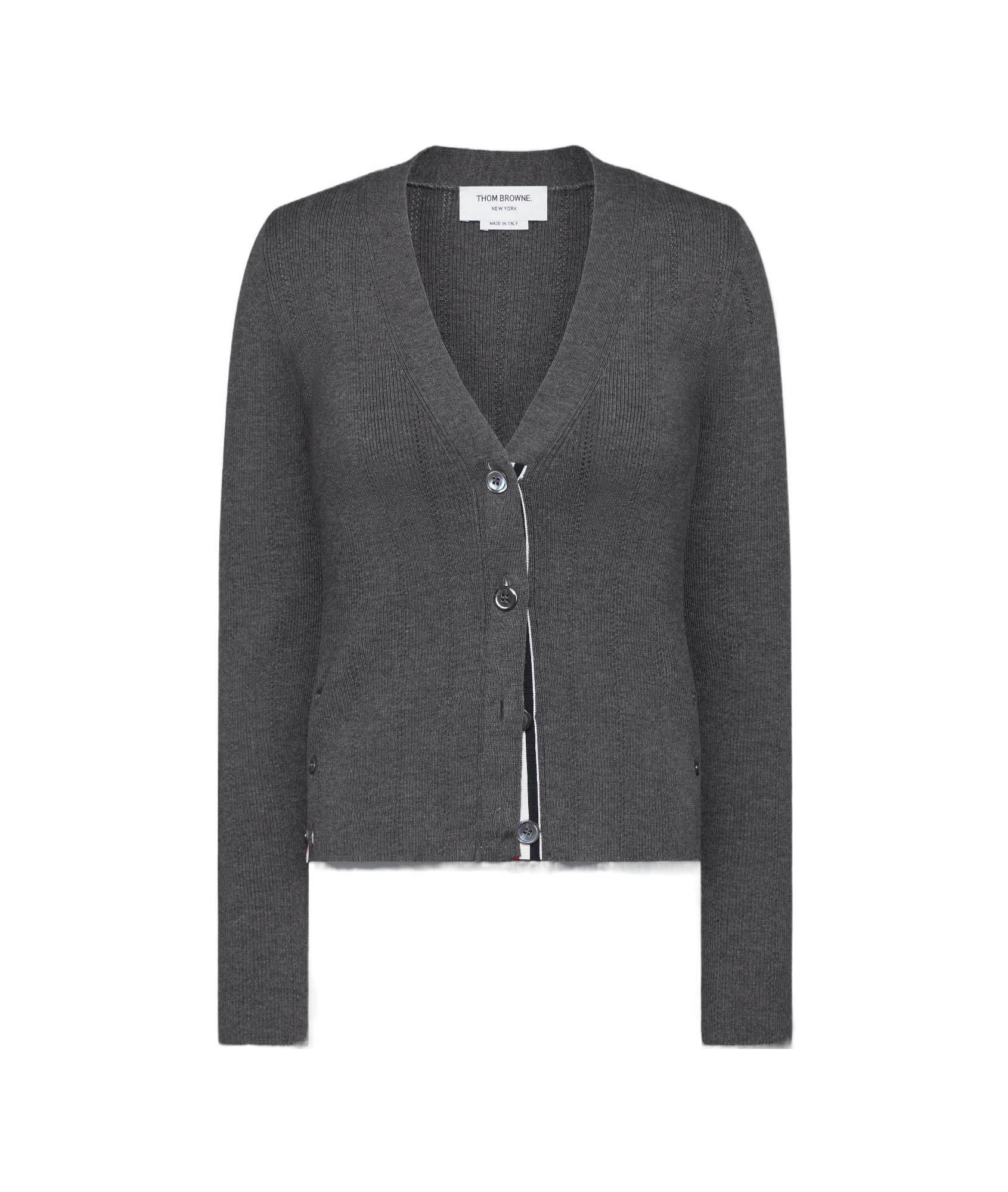 Thom Browne Pointelle Ribbed Knit Cardigan In Gray