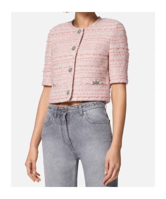 Versace Tweed Short-sleeved Cardigan Jacket In Pink