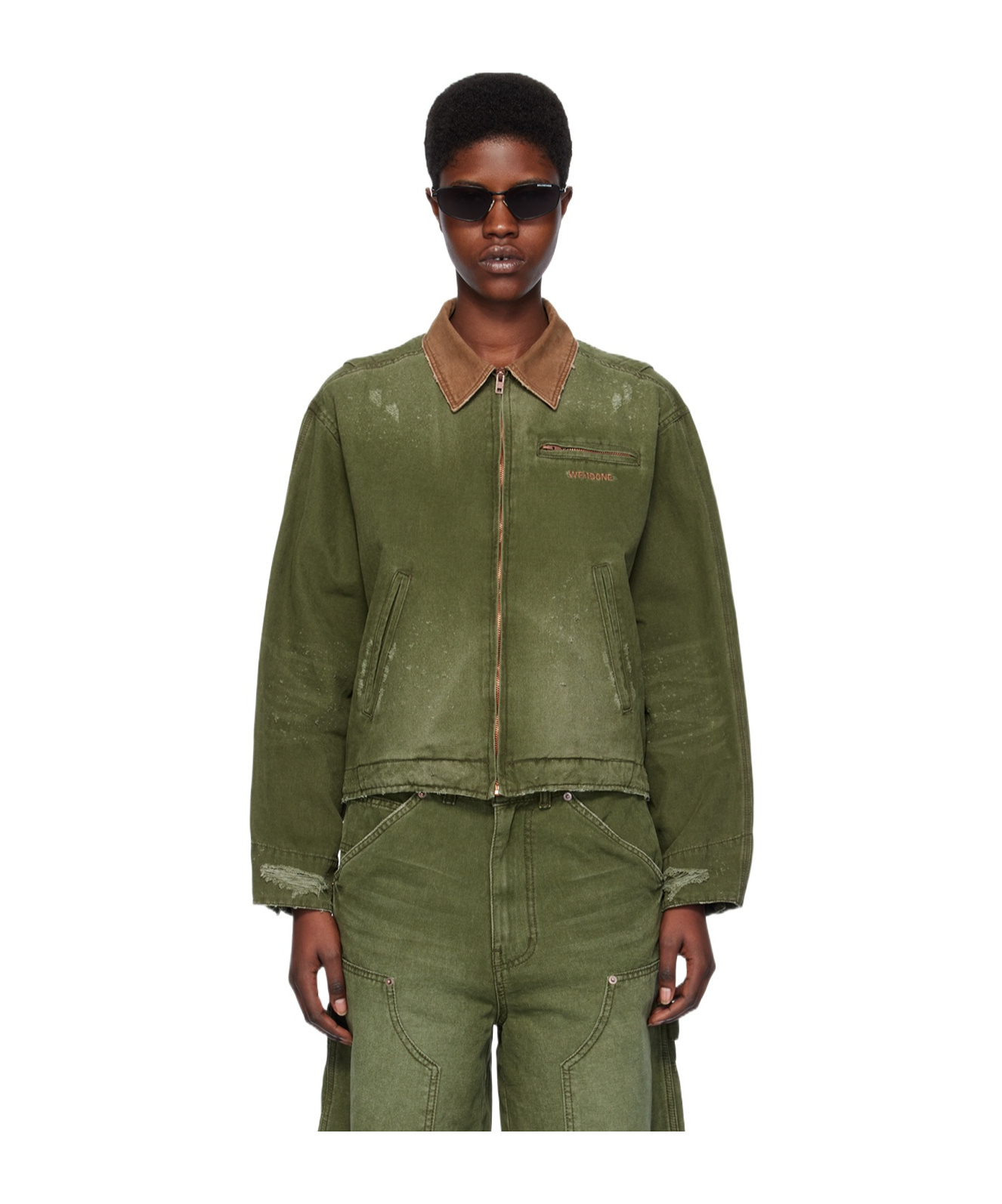 We11 Done Logo Zipper Denim Coat In Green