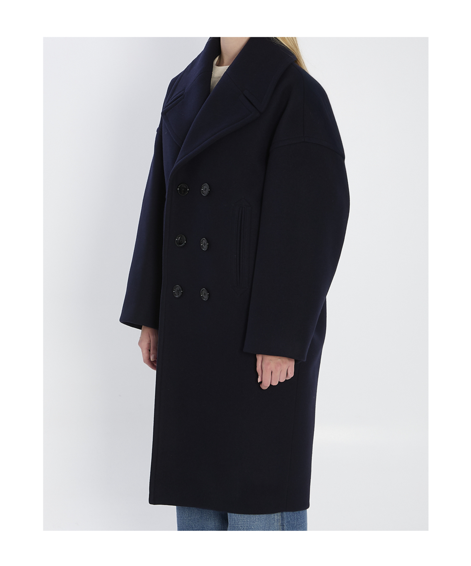 Celine Long Double-breasted Wool Peacoat With Notch Lapel In Blue