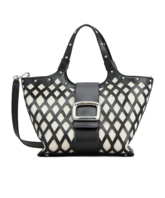 Roger Vivier Viv' Choc Mini Shopping Bag In Leather And Fabric In Black