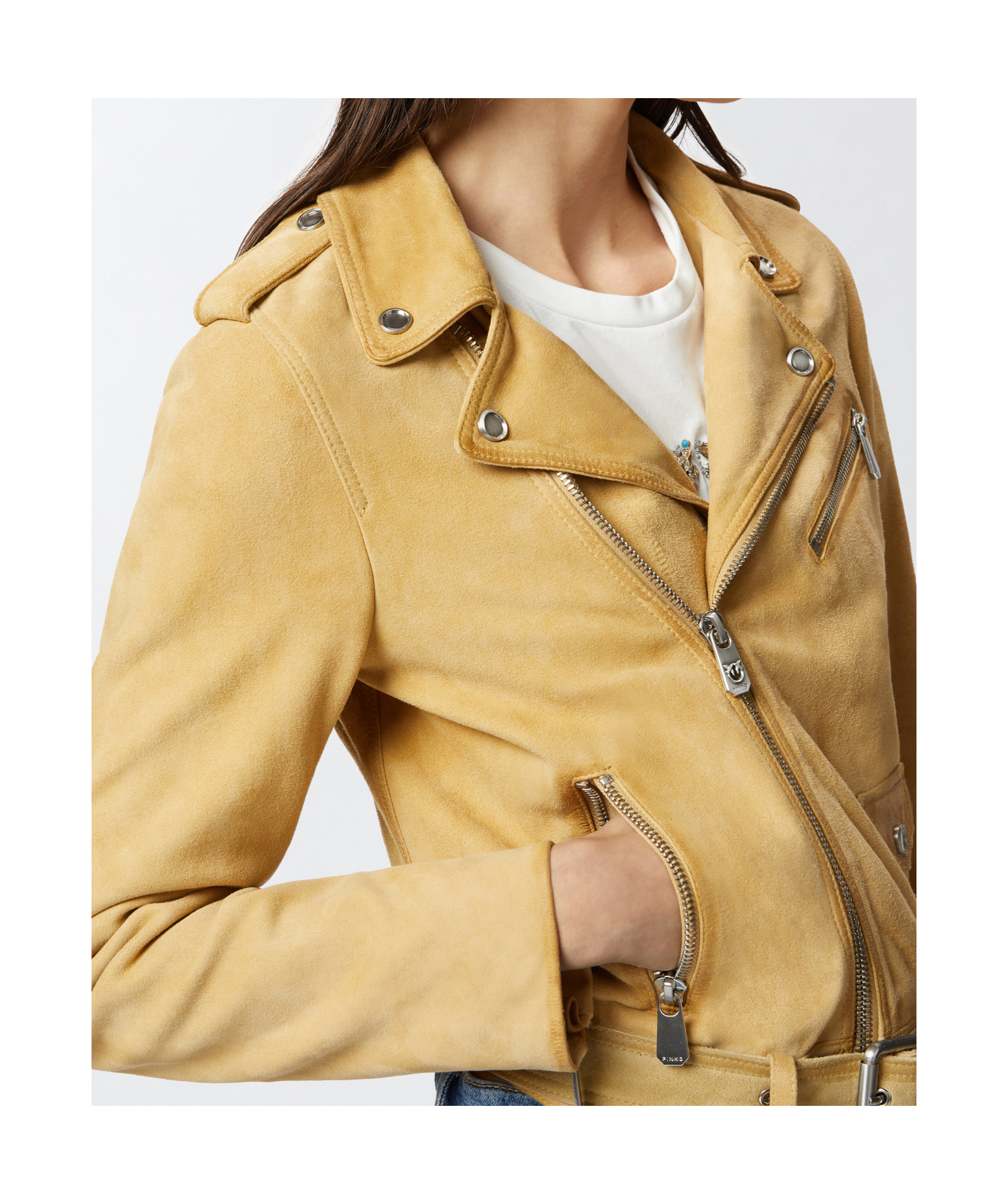 Pinko Suede Biker Jacket In Nude