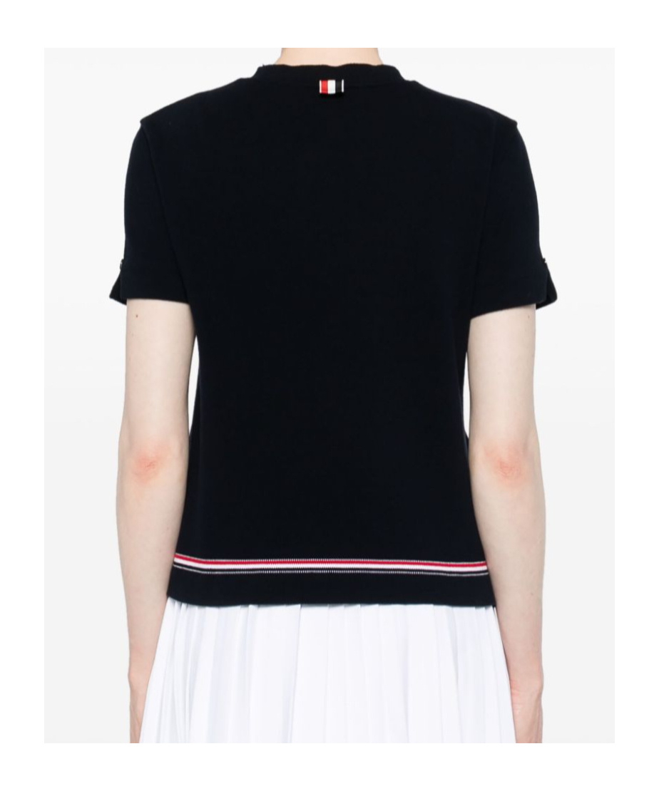 Thom Browne Navy Blue Piqué Cotton T-shirt With Tricolor Stripe In Black