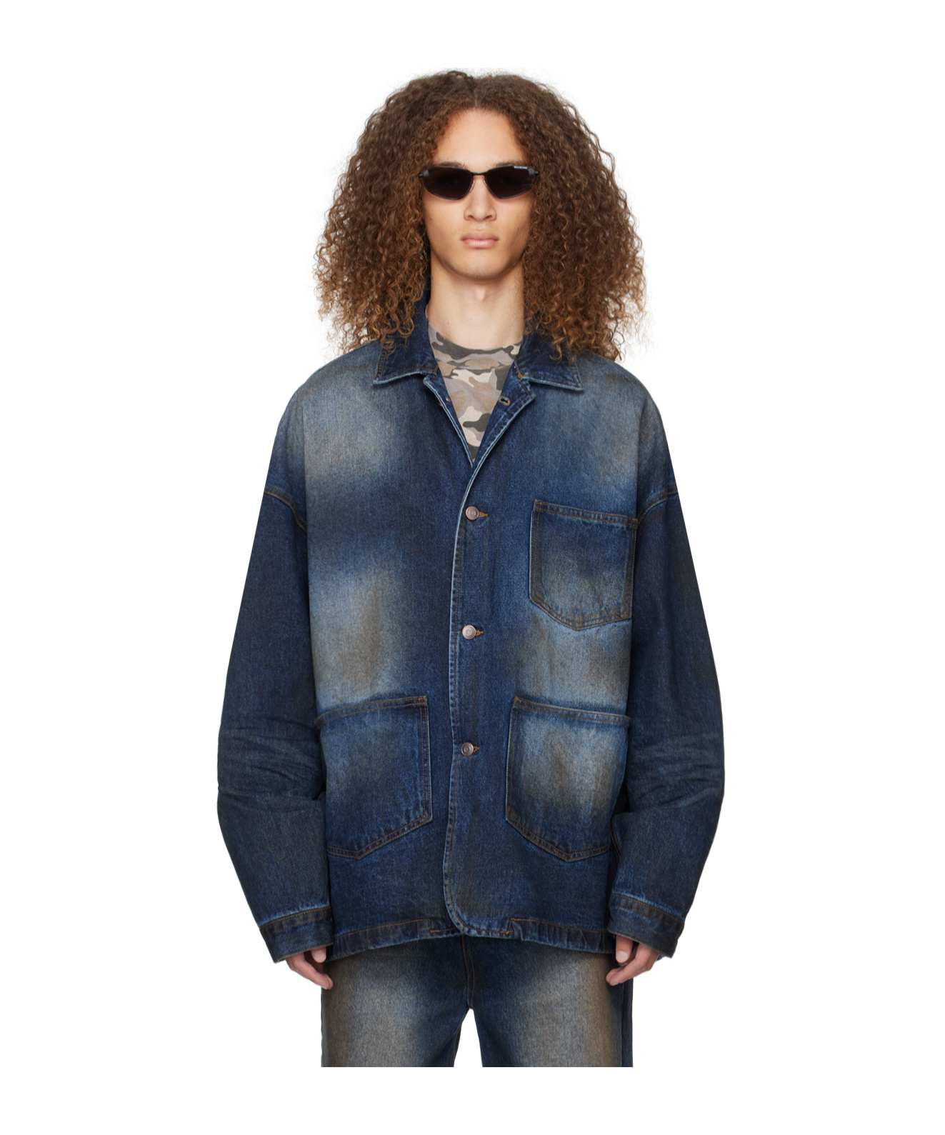 WE11 DONE BUTTON LONG-SLEEVED DENIM COAT 