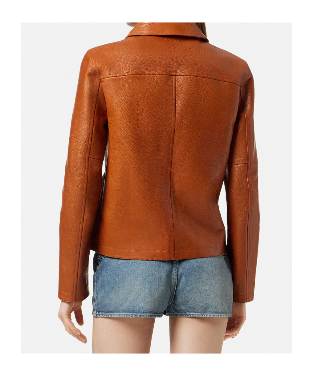 Versace Debossed Paneled Textured-leather Jacket In Brown