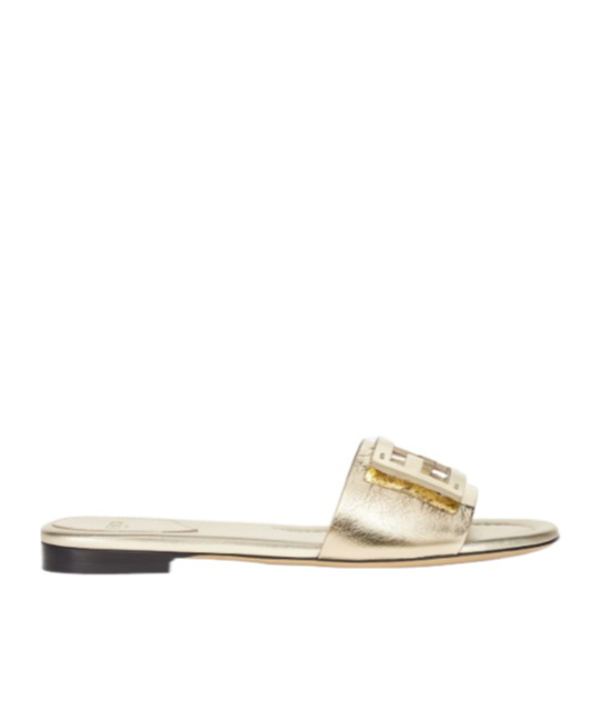 FENDI METALLIC CHAMPAGNE-COLORED LEATHER SLIDES