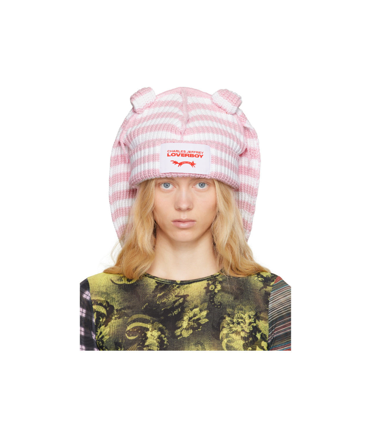 Charles Jeffrrey Loverboy Chunky Rabbit Beanie In Pink And White Stripes
