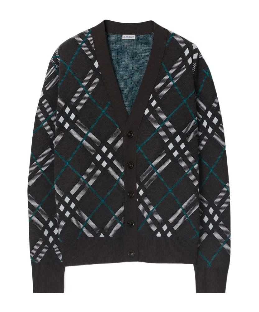 Burberry Checked V-neck Buttoned Cardigan In Green