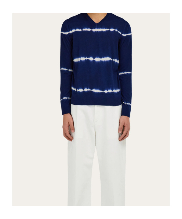 Ferragamo Tie Dye Wool V-neck Pullover In Blue