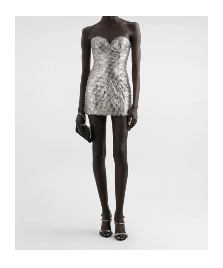 Dolce & Gabbana Mesh Strapless Mini Dress In Silver