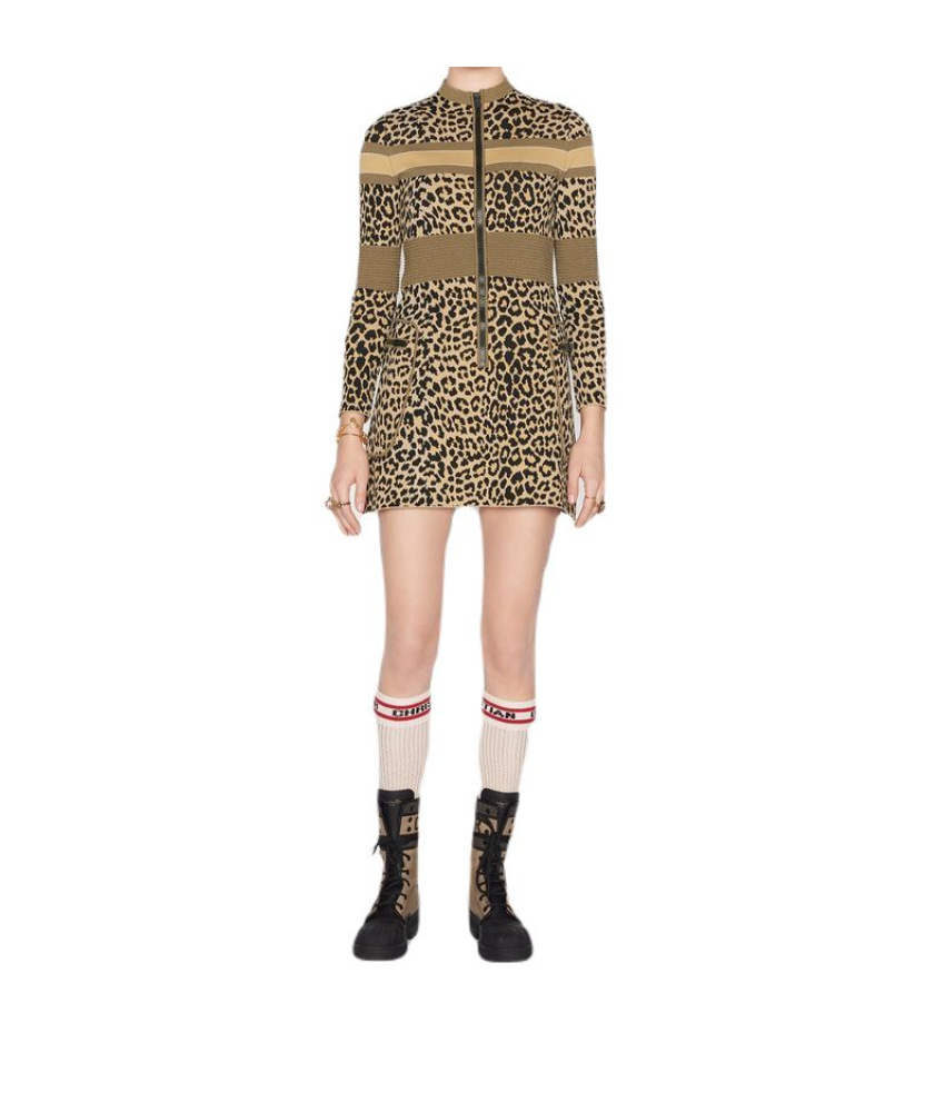 Dior Wang Ziwen's Same Leopard-print Long-sleeved Dress In Multicolor
