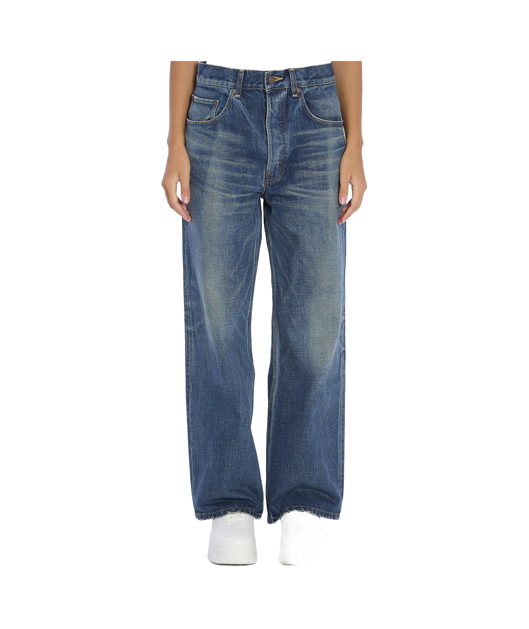 Celine Wide Leg Jeans In Dark Union Wash Denim In Blue