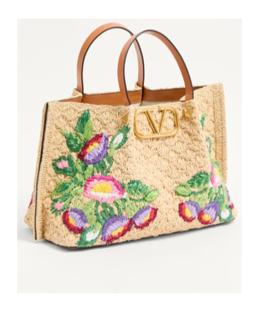Valentino Garavani Beige Handbag With Metallic Vlogo On The Front And Floral Embroidery In Raffia Wo In Nude