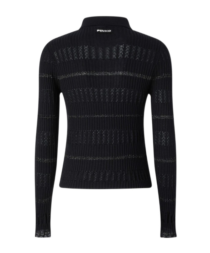 Pinko Long-sleeved Polo With Metallic Stripe In Black