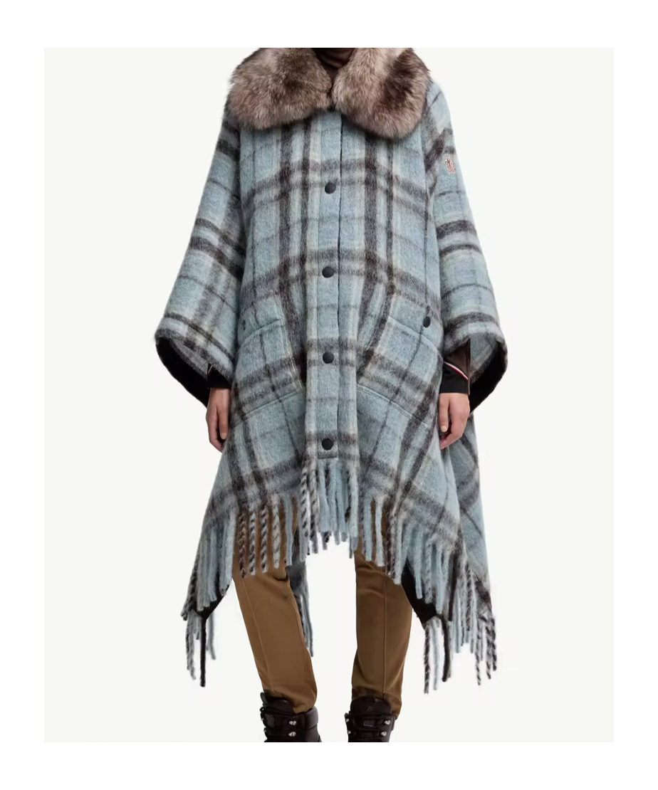 Moncler Mohair, Alpaca Wool Blend Plaid Cape In Blue