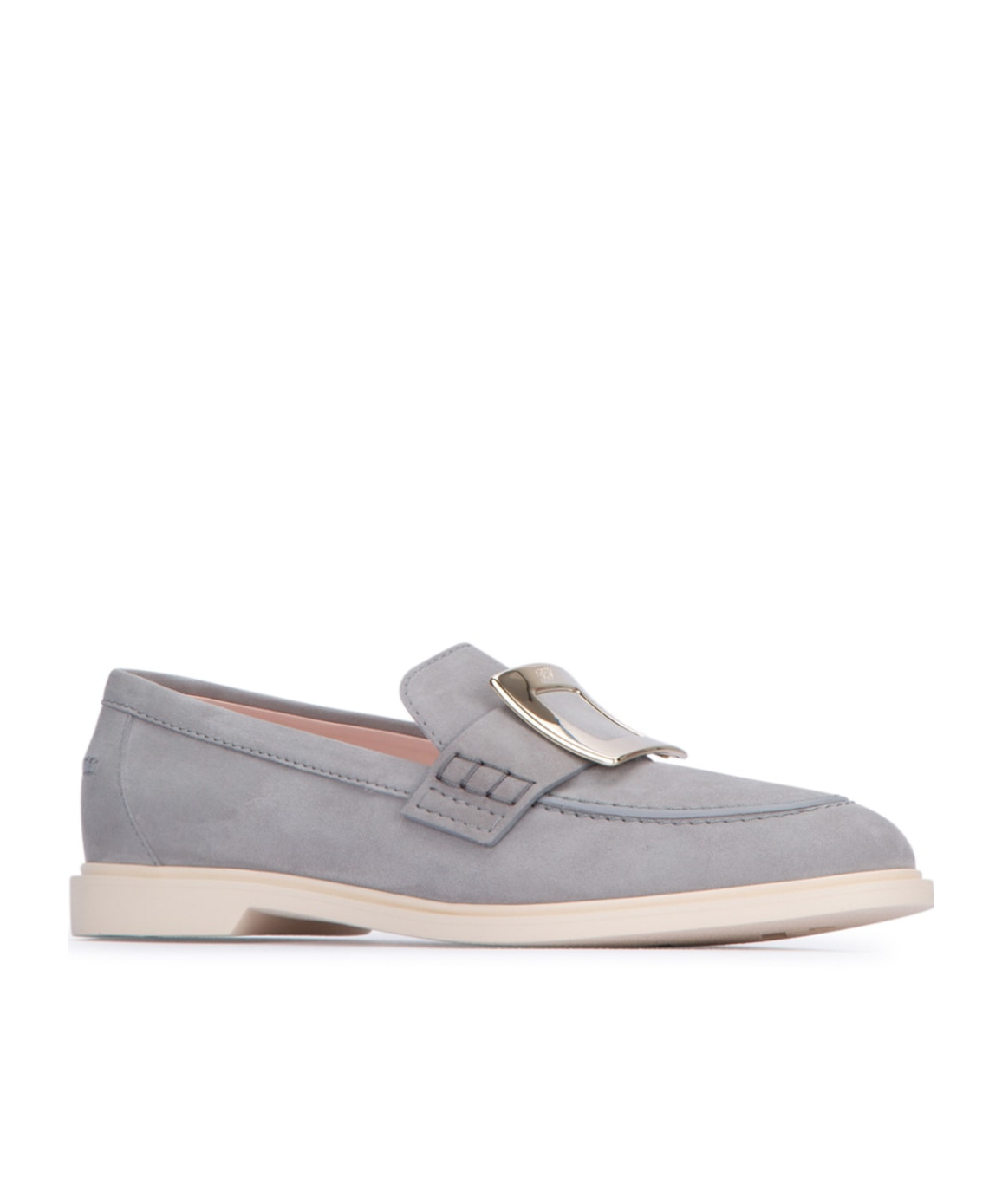 Shop Roger Vivier Buckle Detailed Round Toe Loafers In Gray