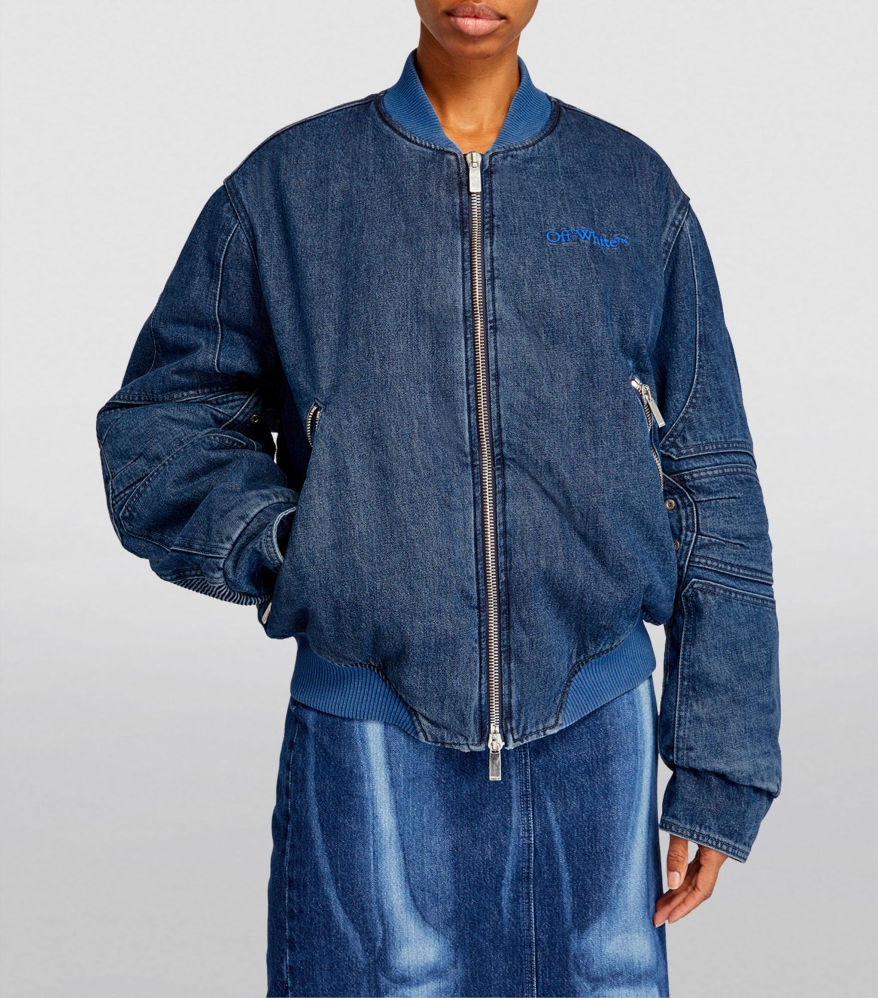 OFF-WHITE LONG-SLEEVED ZIPPER DENIM COAT
