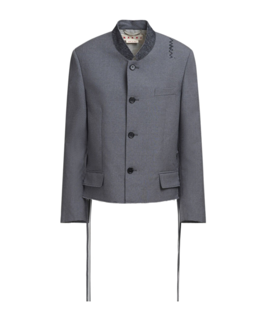 Marni Felt-trimmed Frayed Embroidered Wool Jacket In Gray