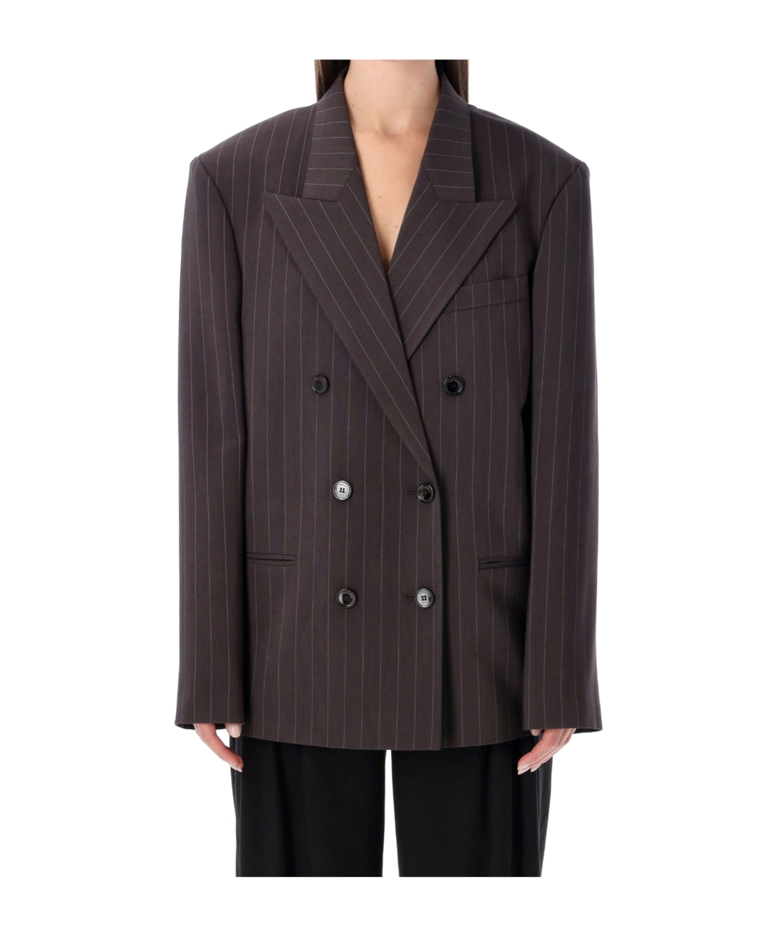 Magda Butrym Oversized Double-breasted Pinstriped Merino Wool Blazer In Brown