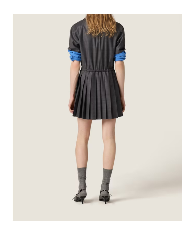 Miu Miu Prince Of Wales Pleated Short Dress In Gray