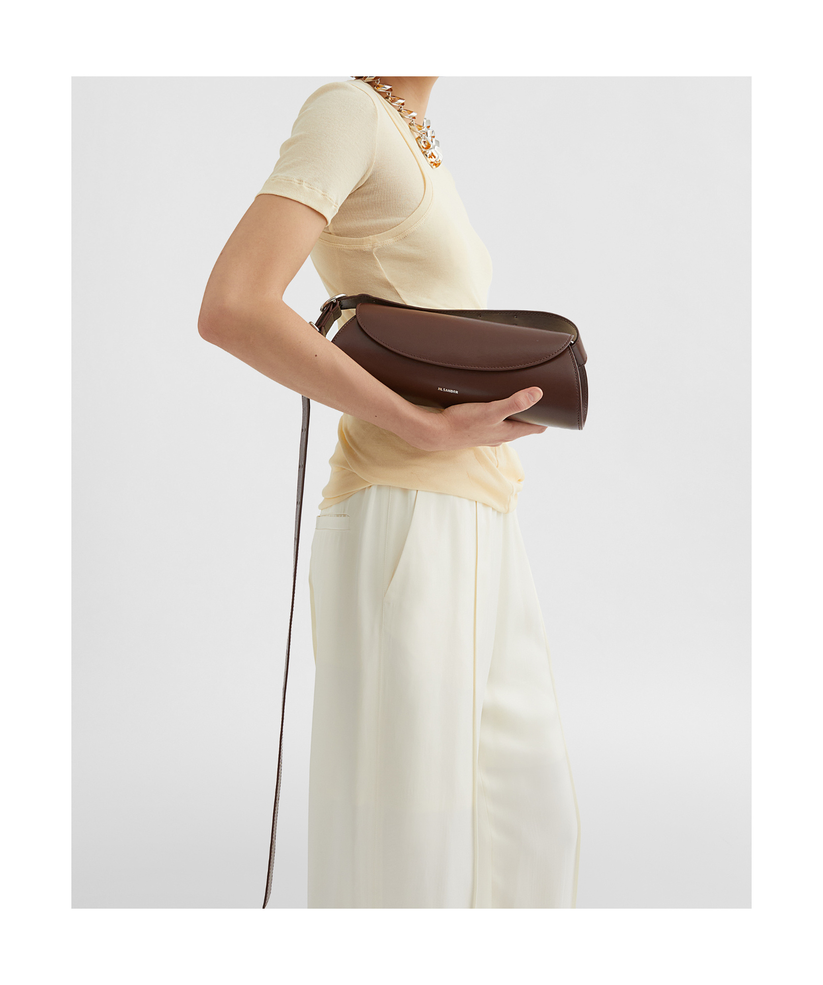 Jil Sander Cannolo Small Leather Trapeze Shoulder Bag In Brown