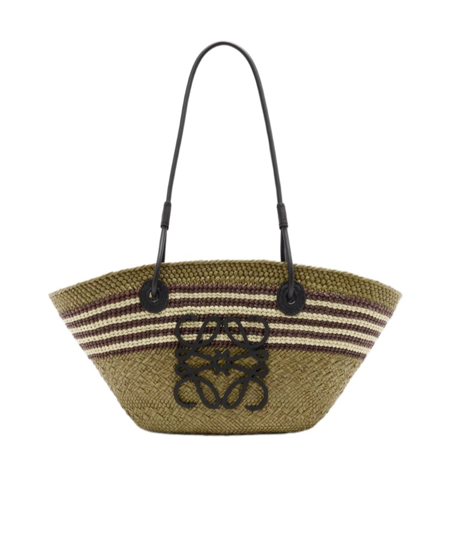 Loewe Anagram Stripes Small Basket In Iraca Palm And Calfskin