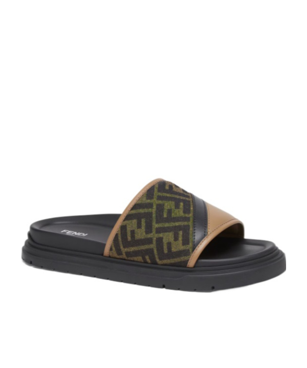 Fendi Brown Ff Jacquard And Beige Leather Slides In Black