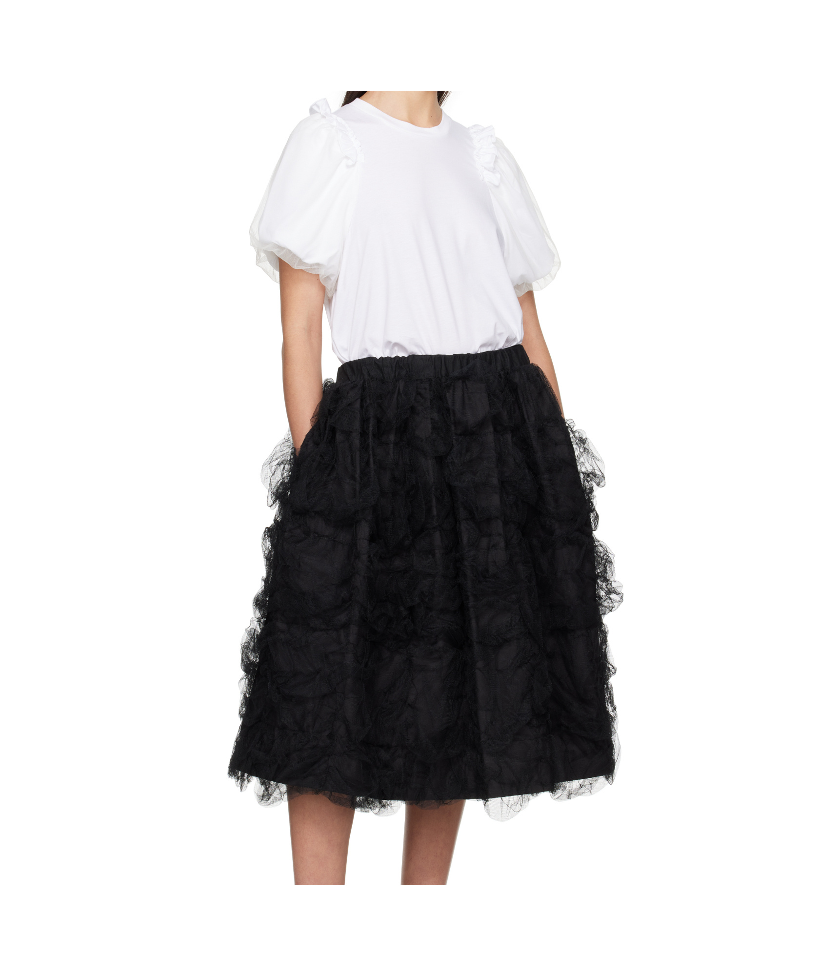 Simone Rocha White Tulle Overlay Puff Sleeve Frill T-shirt In White