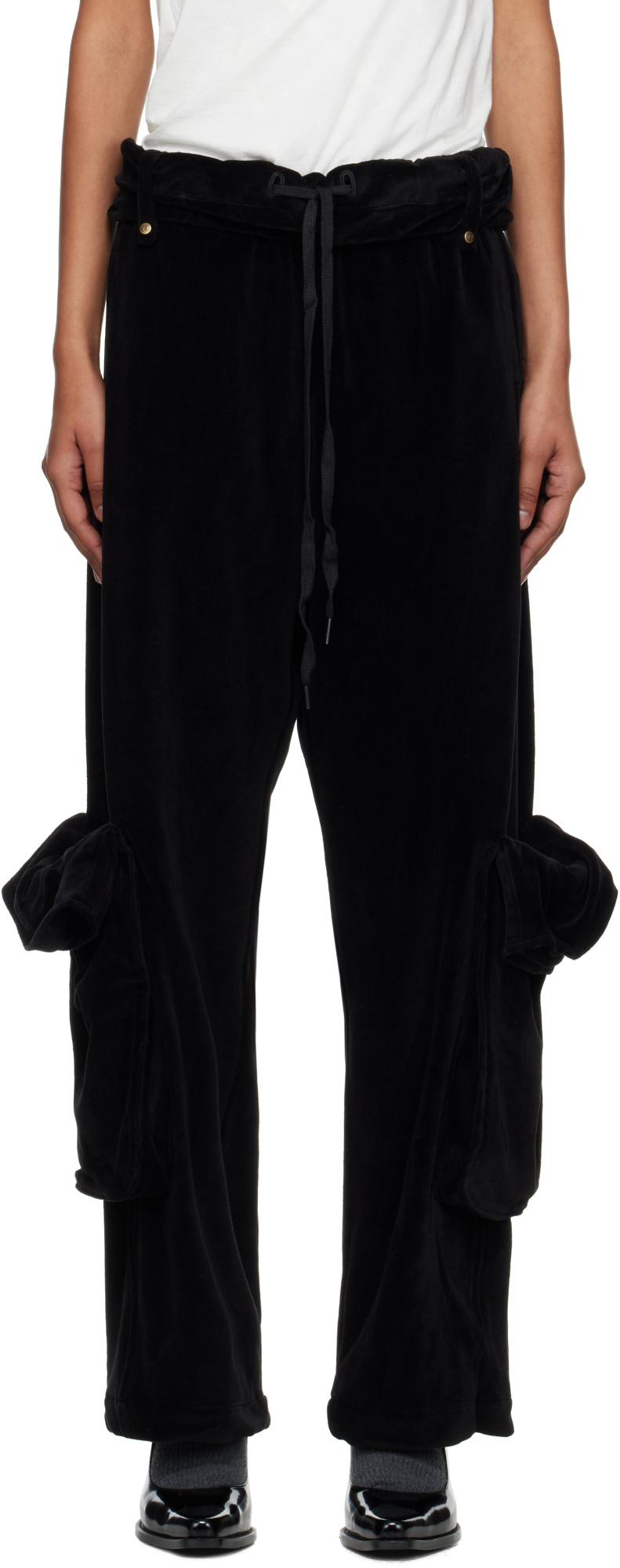 Open Yy Rolled-waist Velvet Overalls In Black