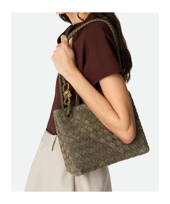 Bottega Veneta Andiamo Intrecciato Small Suede Tote Bag In Green