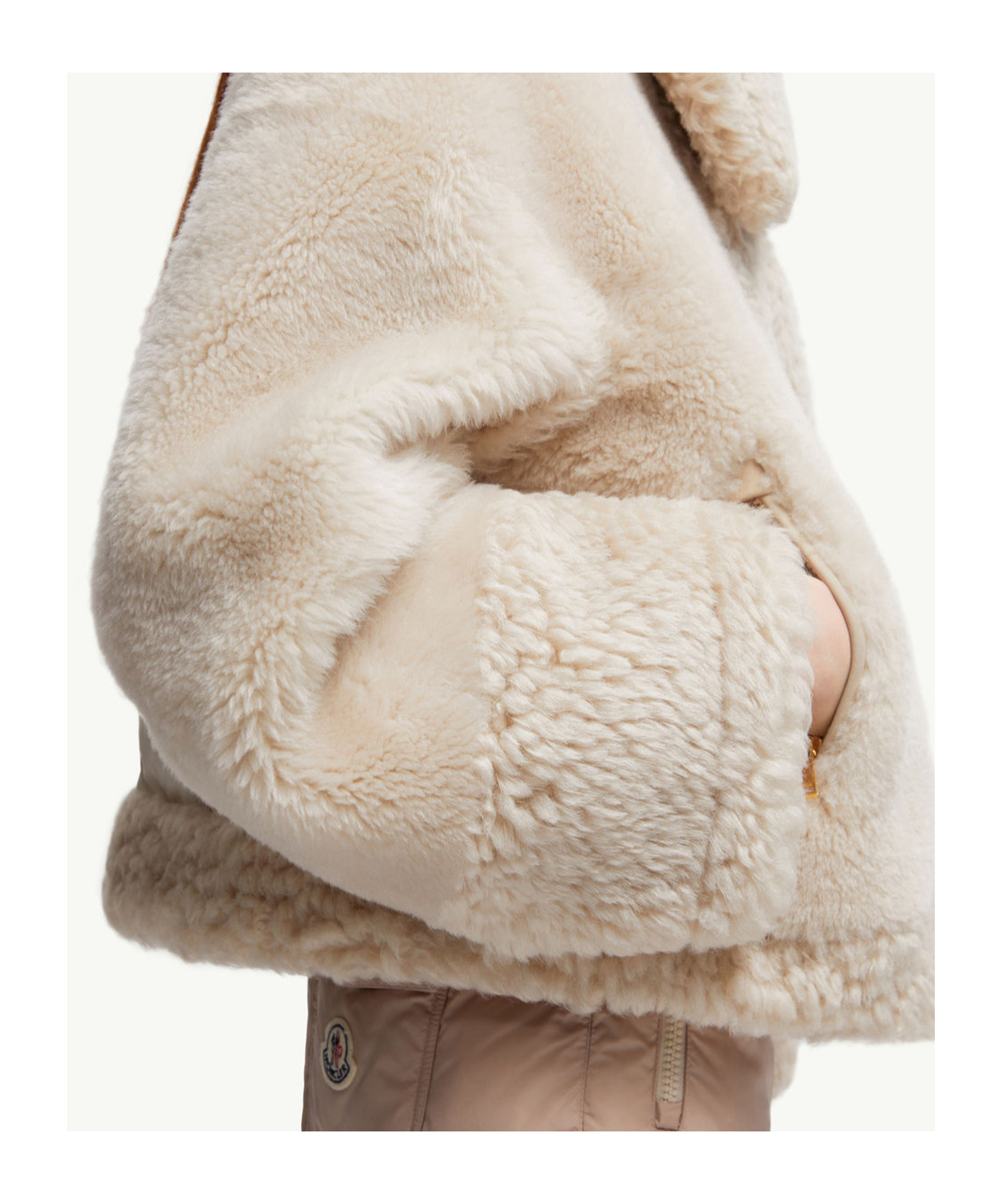 Moncler Gobain Shearling  Suede Short Down Jacket In Neutral