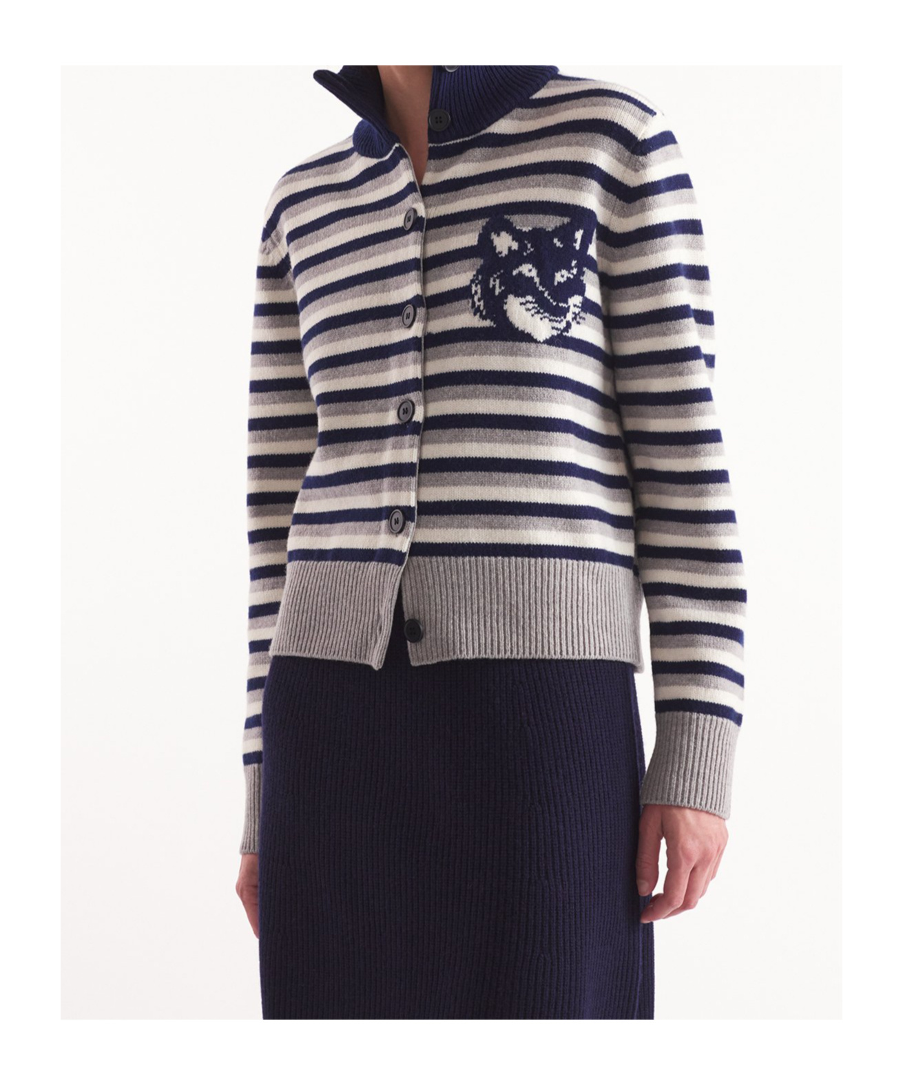 MAISON KITSUNÉ FOX HEAD INTARSIA STRIPED REGULAR CARDIGAN 