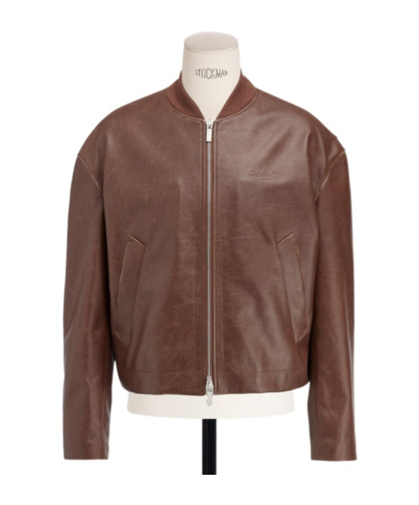 Dior Zippered Long-sleeved Leather Jacket In Brown