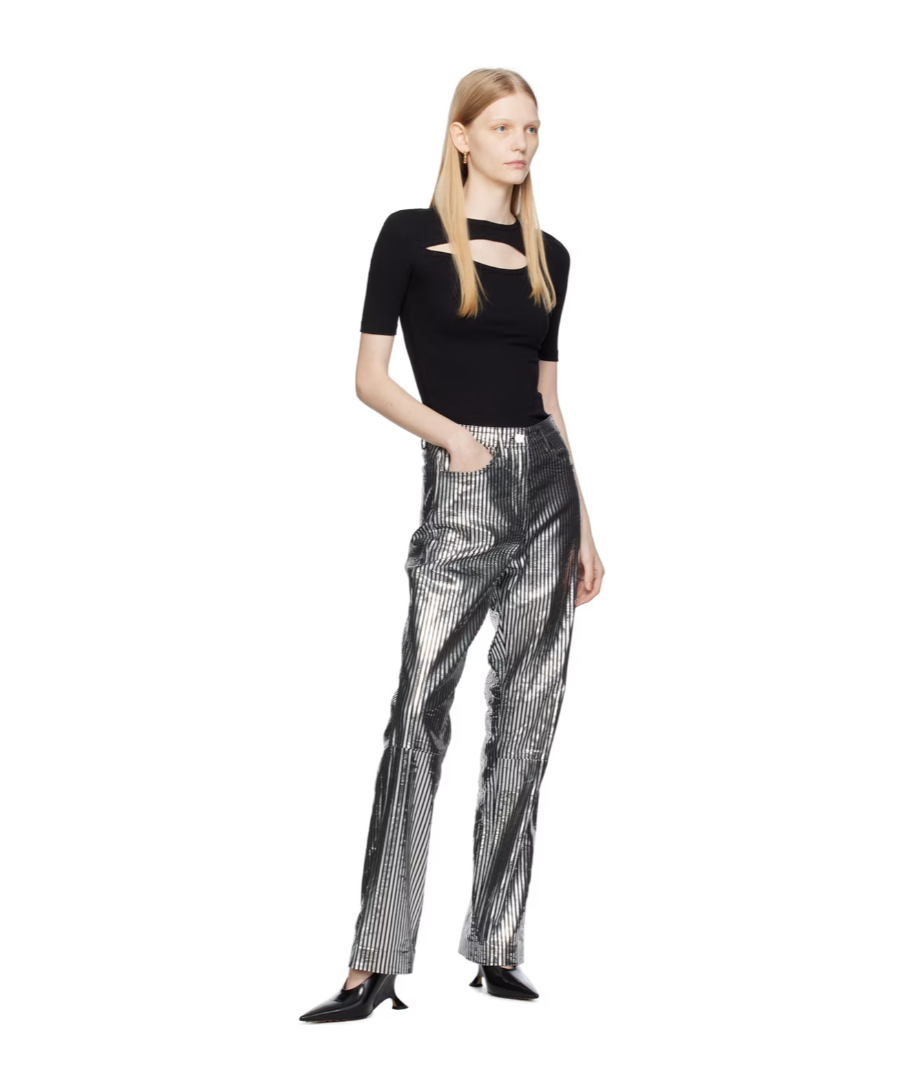 Remain Birger Christensen Striped Straight-leg Leather Trousers In Gray