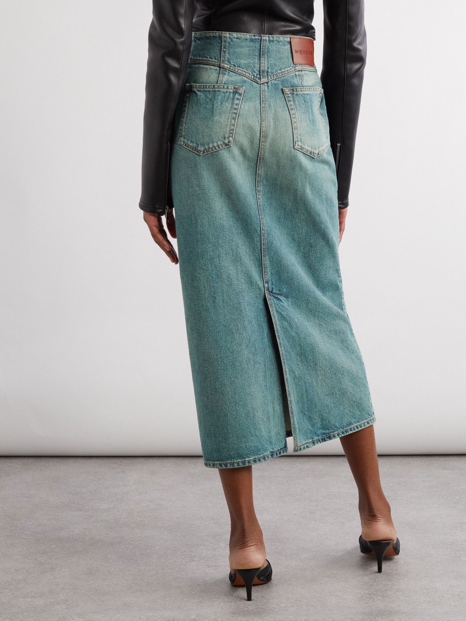 Shop Alexander Mcqueen Denim Midi Skirt In Green