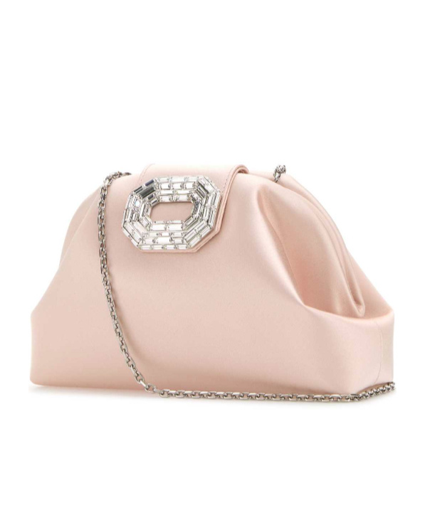 Amina Muaddi Light Pink Satin Camelia Clutch