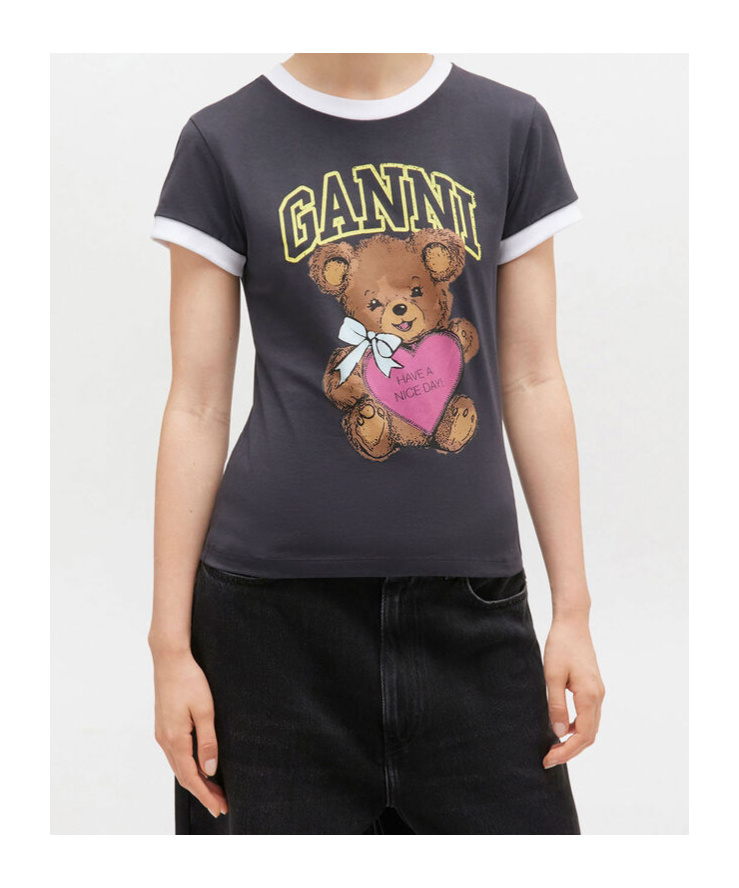 Ganni T-shirt With White Hems And Teddy Bear Print In Gray