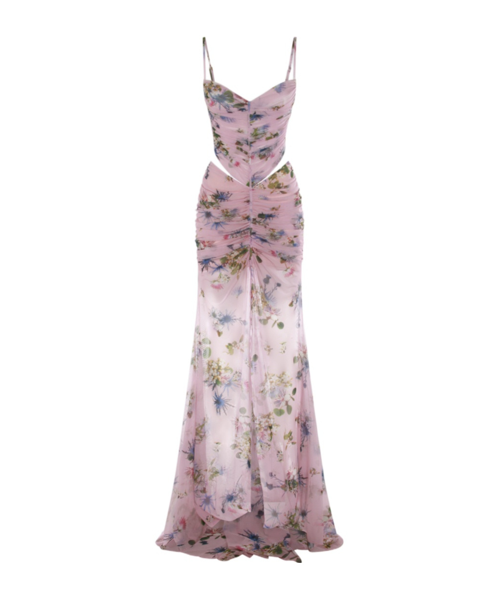 Blumarine Floral Cut-out Dress Spaghetti Straps In Pink